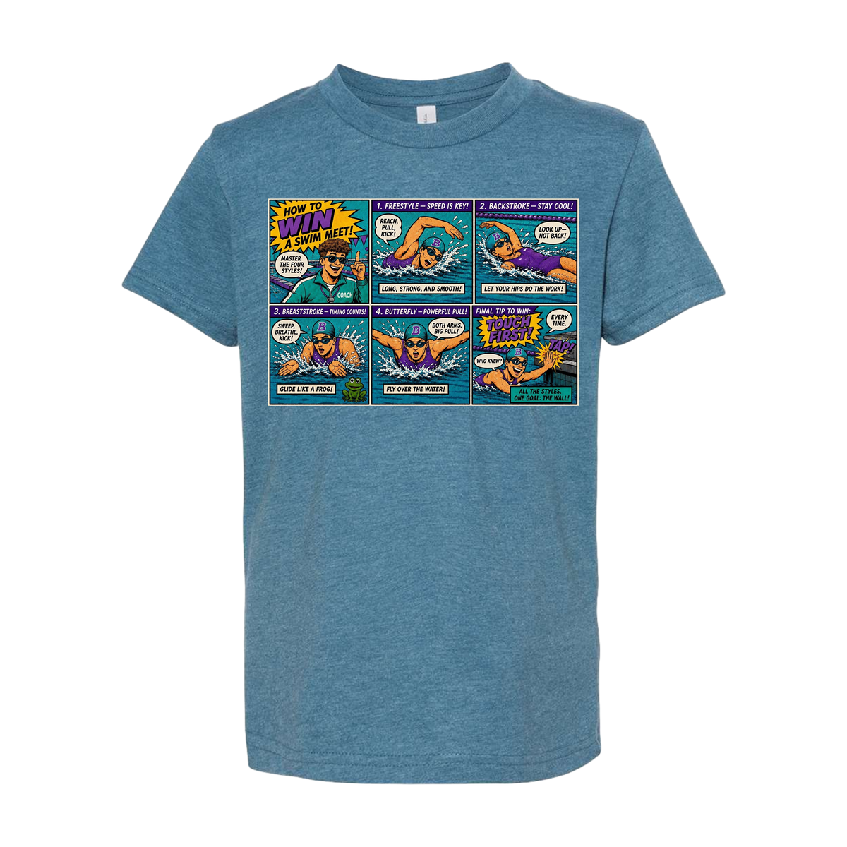 How to Win a Swim Meet Comic T-Shirt for Adults | Four Strokes Swim Tee