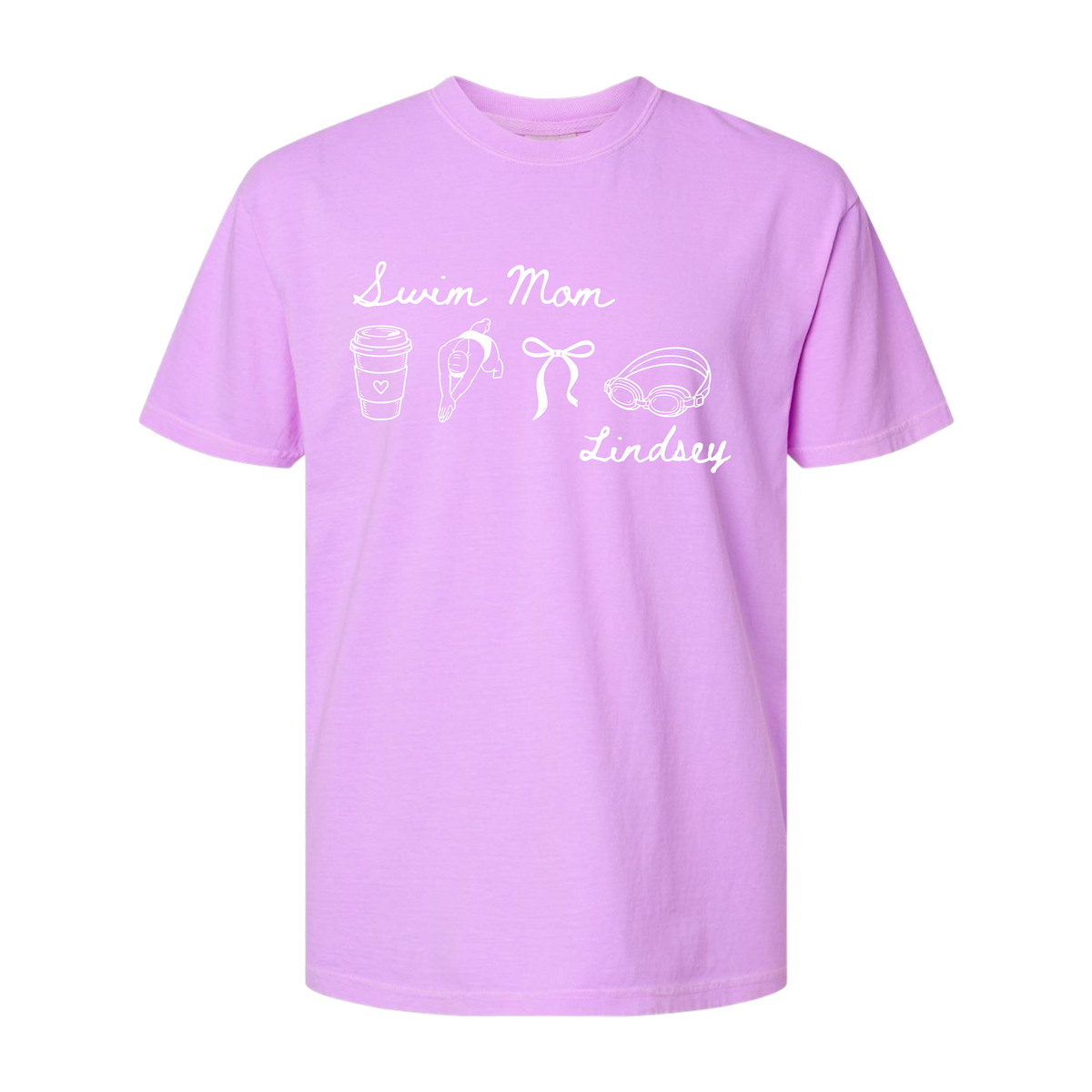Swim Mom Customizable Adult Comfort Colors® Boxy T-Shirt | Illustration Bow Swim Team Graphic Tee
